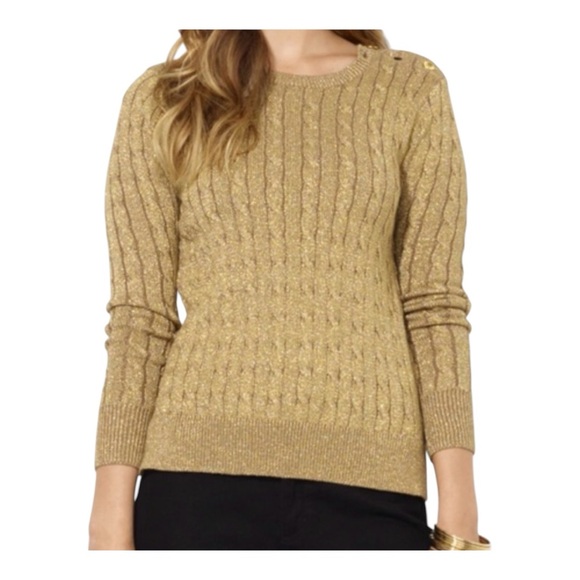 Lauren Ralph Lauren Gold Metallic Cable Knit Boatneck Pullover Sweater - Picture 1 of 15